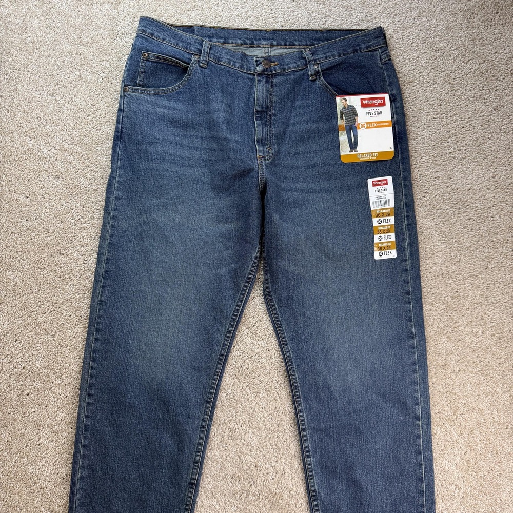 Wrangler Five Star Jeans Mens 38x29 Medium Blue Denim Relaxed Straight Stretch